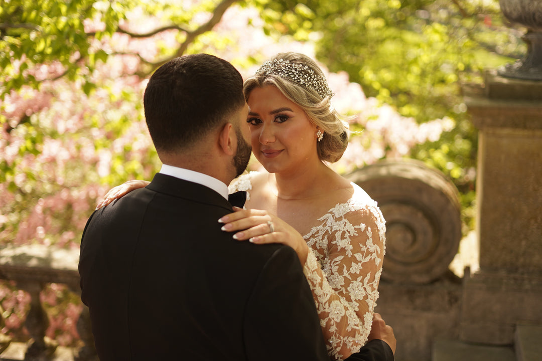 Ellee Real Bride Adorned with JOVANNA Luxurious Statement Headpiece / Halo Design