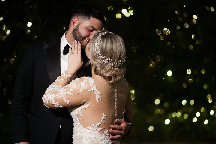 Ellee Real Bride Adorned with JOVANNA Luxurious Statement Headpiece / Halo Design