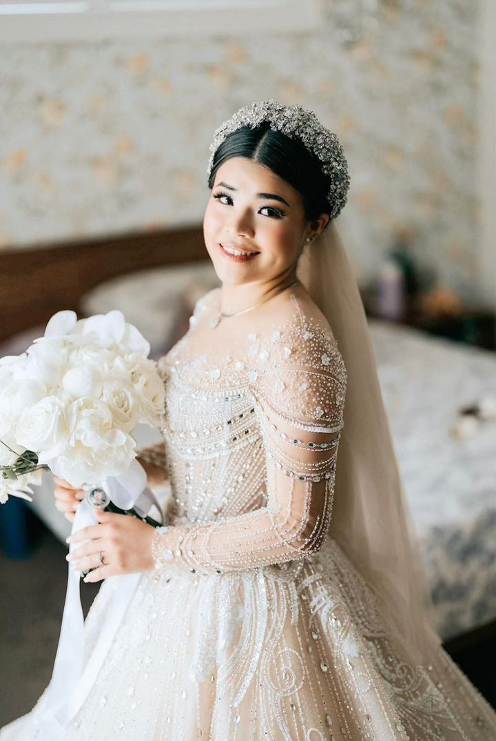 Ellee Real Bride Adorned with SORAYA Bridal Swarovski Headpiece with Luxurious Crystals