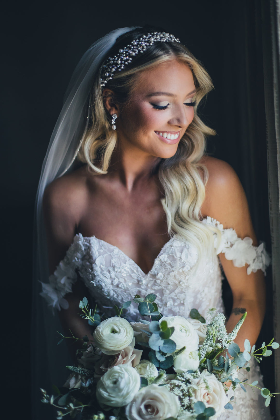 Ellee Bride Adorned with MARIT-PEARLS and Swarovski Stunning Headpiece