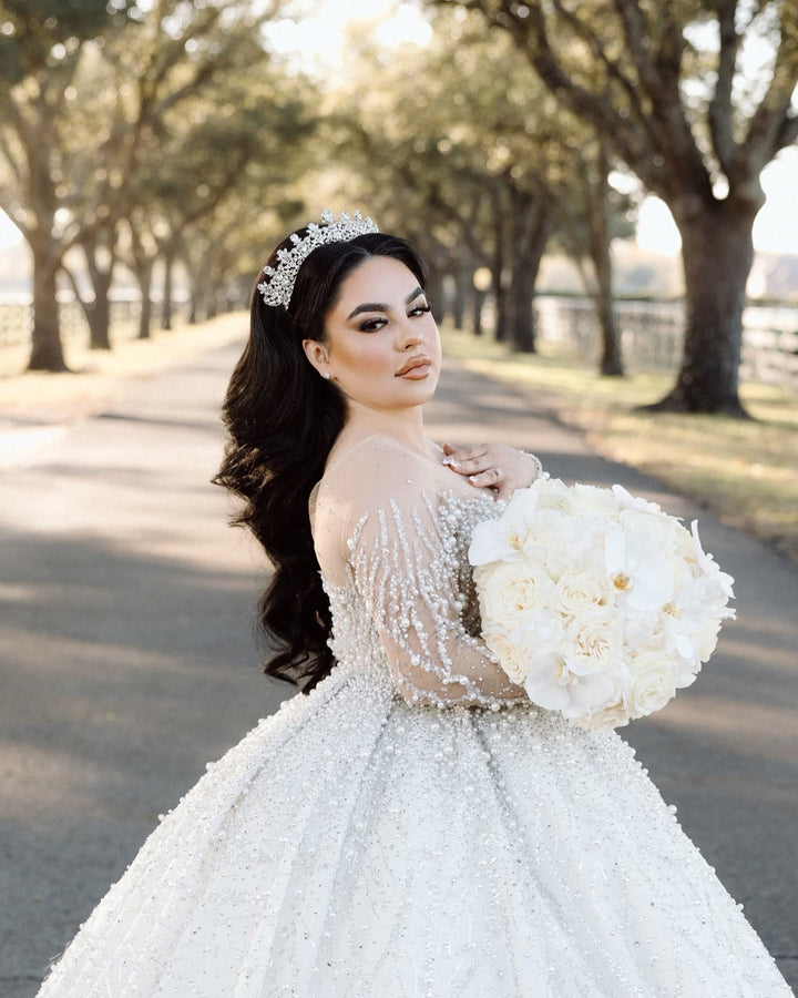 Ellee Real Bride Adorned with CARINA Swarovski & Pearls Wedding Crown, Princess Tiara