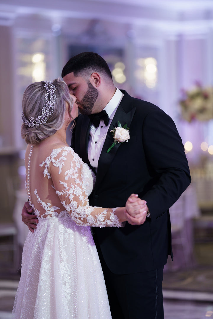 Ellee Real Bride Adorned with JOVANNA Luxurious Statement Headpiece / Halo Design