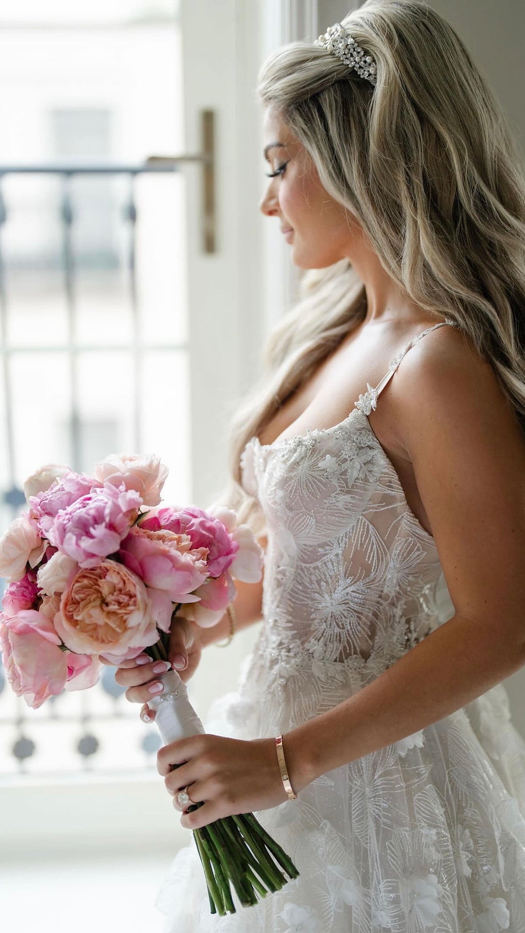 Ellee Real Bride Adorned with NATALI-PEARLS Bridal Headpiece