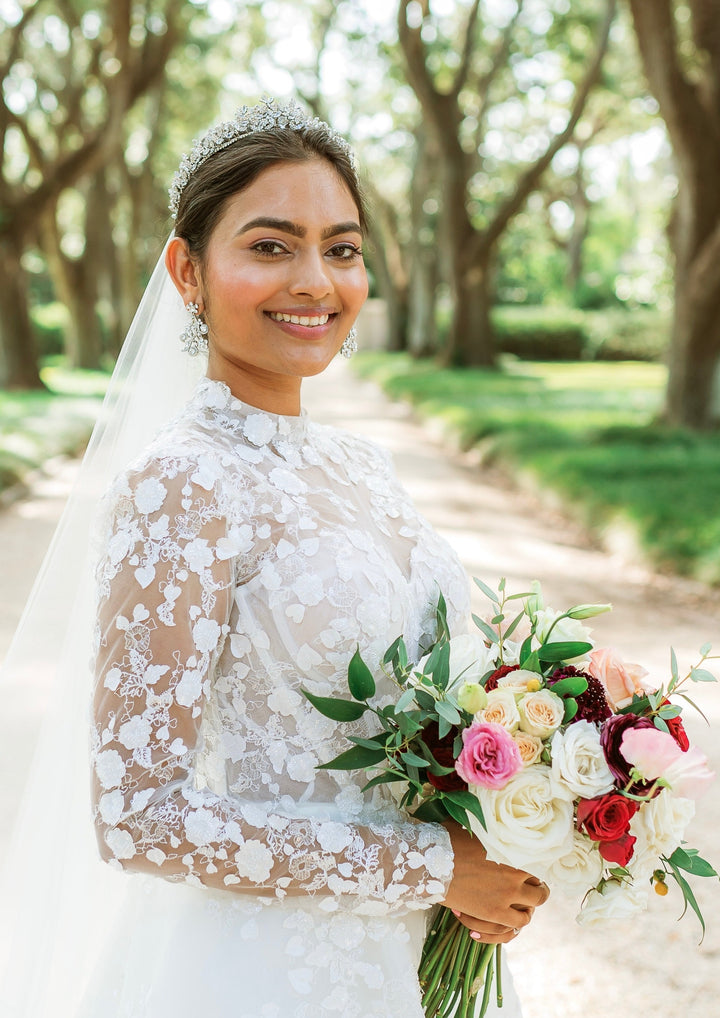 Ellee Real Bride Adorned with MONA Swarovski 3-D Wedding Tiara, Radiant Luxurious Bridal Tiara