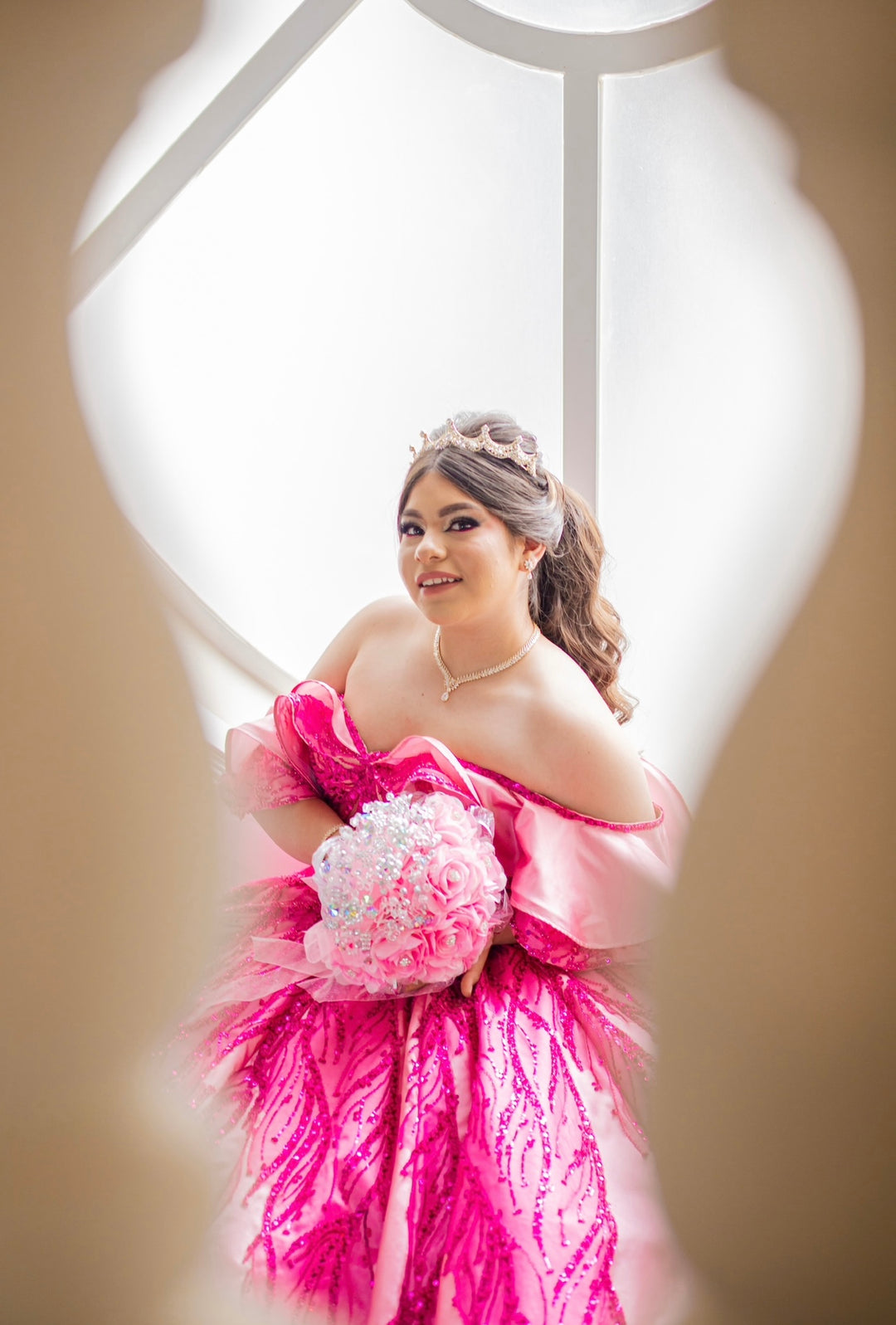 Ellee Real Quinceanera Adorned with DIANA Bridal Crown, Swarovski Bridal Tiara