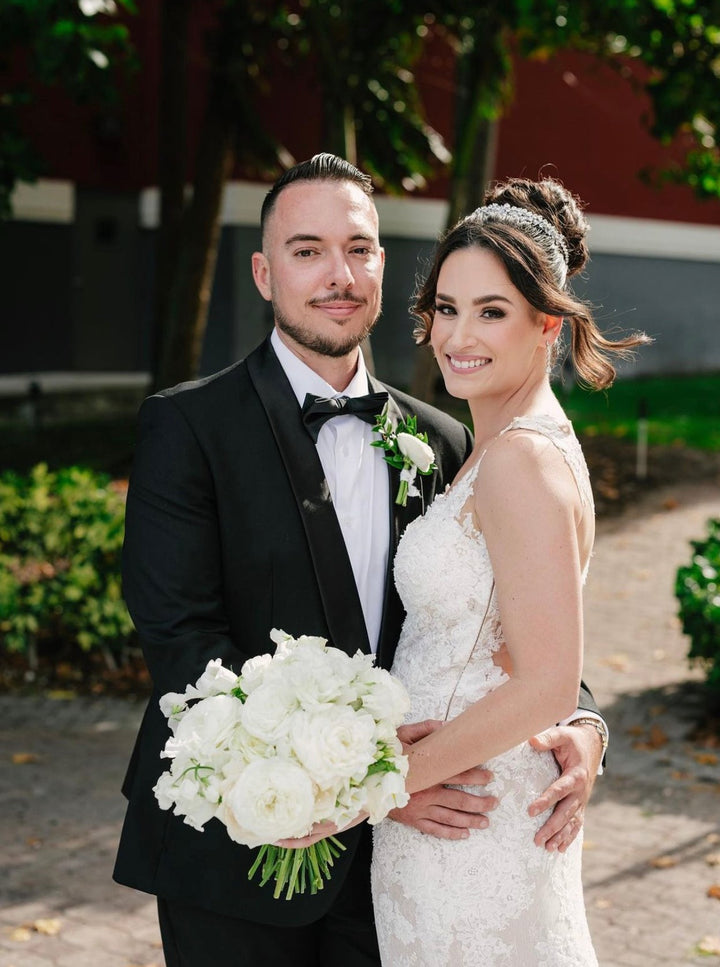 Ellee Real Bride Adorned with ALIX Wedding Headband, Swarovski Bridal Tiara