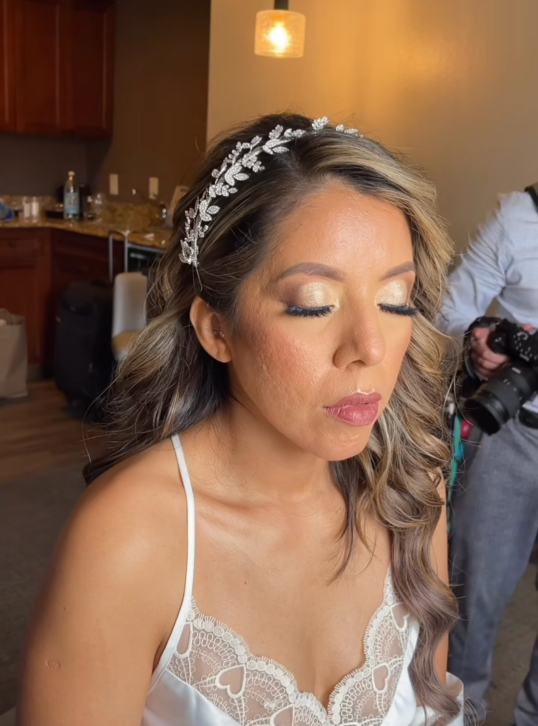 Ellee Real Bride Adorned with OLIVIA Bridal Headband with Luxurious Swarovski