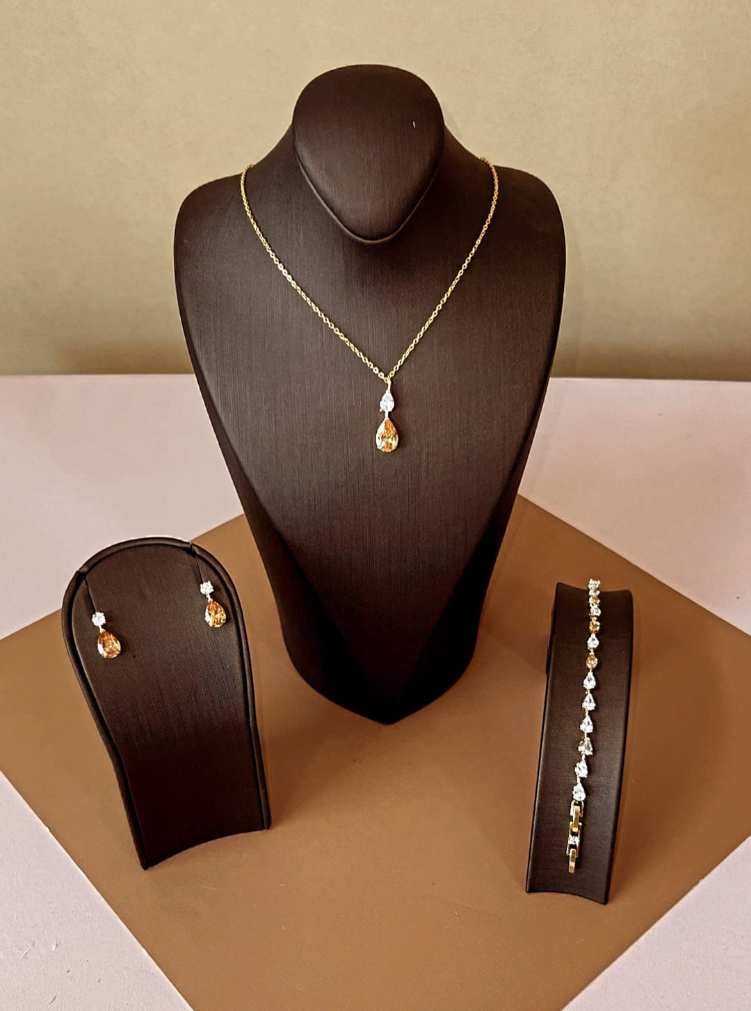 LILIT- Gold Simulated Diamond Jewelry Set with Necklace, Bracelet, Drop Earrings *FINAL SALE*