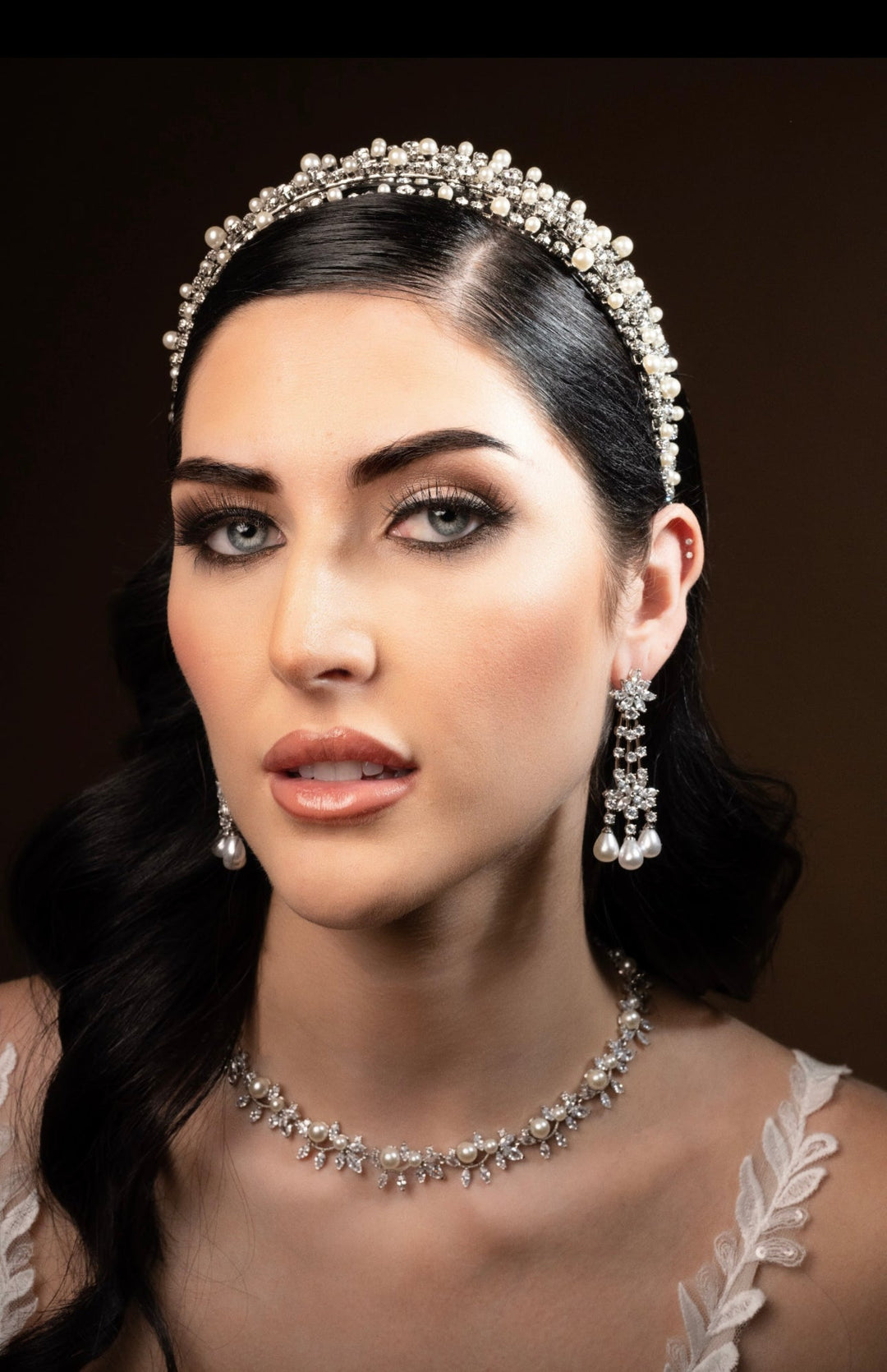 Ellee Bride Adorned with RAINA Luxurious Swarovski and Pearl Headband