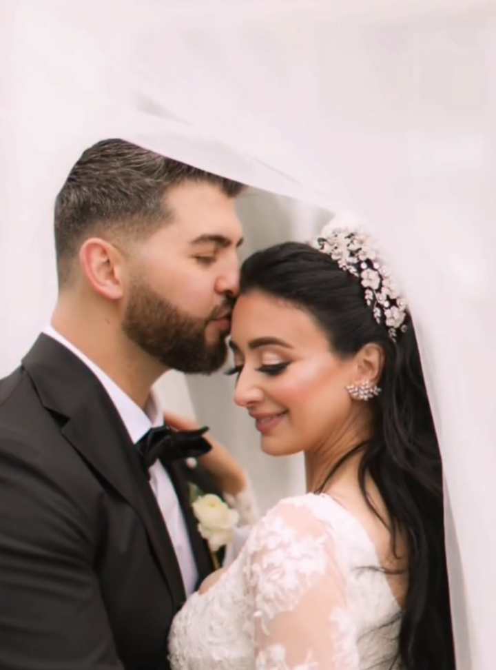 Ellee Real Bride Adorned with ERICANA Luxurious Bridal Headpiece with Swarovski Crystals