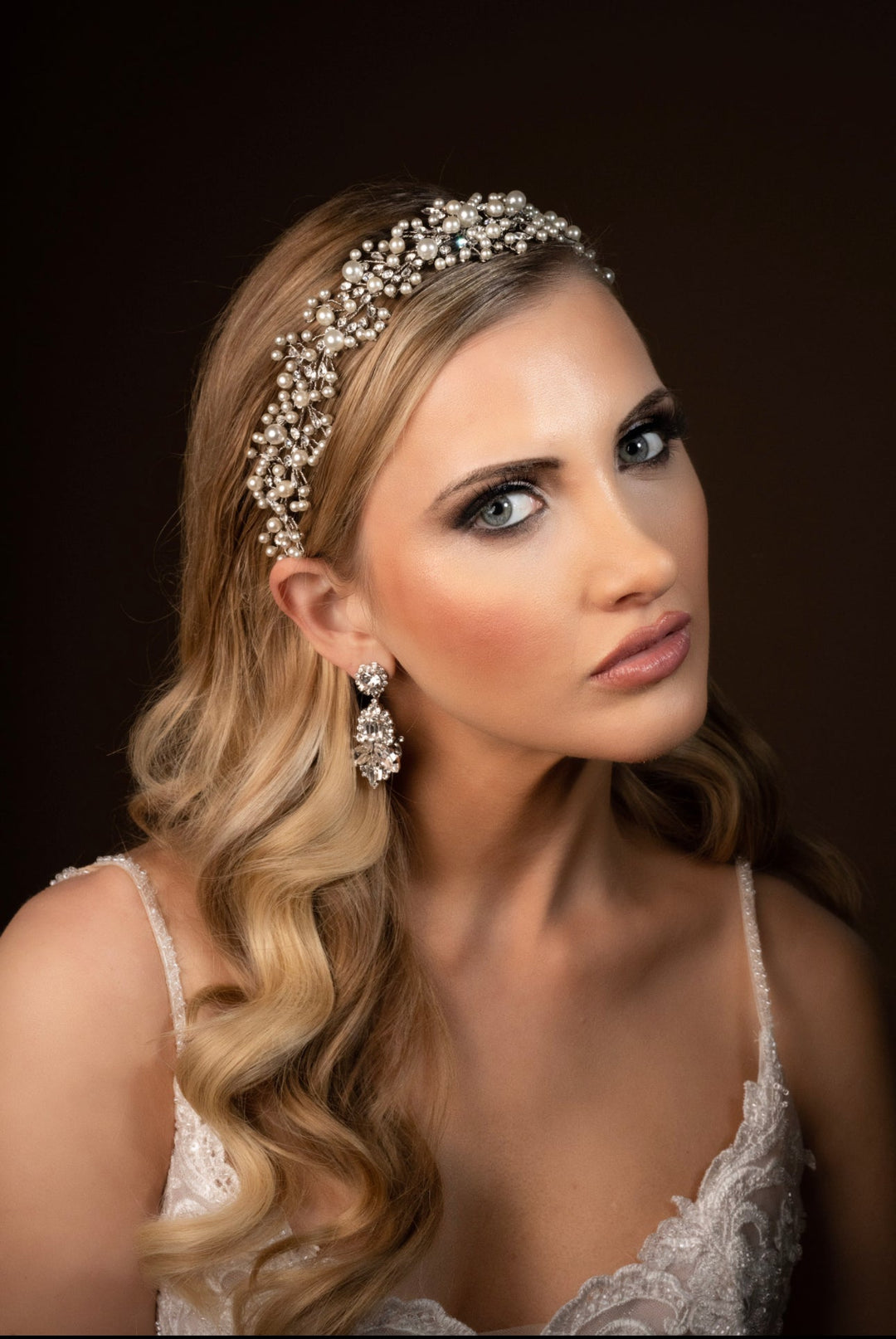 Ellee Bride Adorned with MARIT-PEARLS and Swarovski Stunning Headpiece