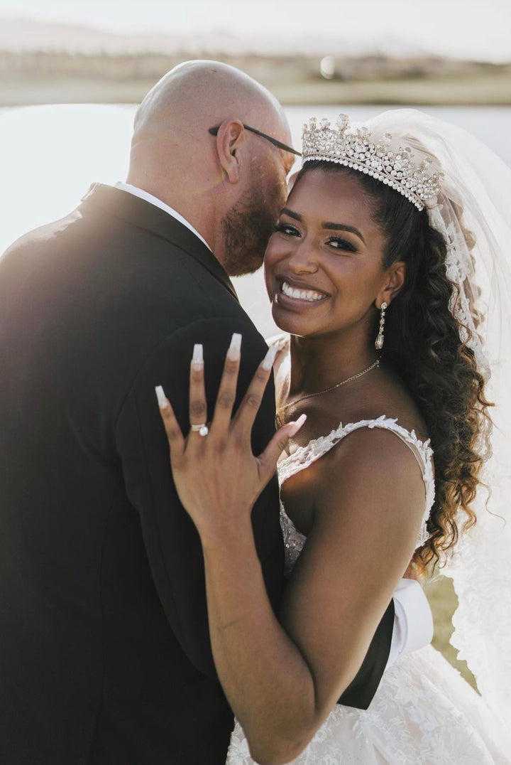 Ellee Real Bride Adorned with CARINA Swarovski & Pearls Wedding Crown, Princess Tiara