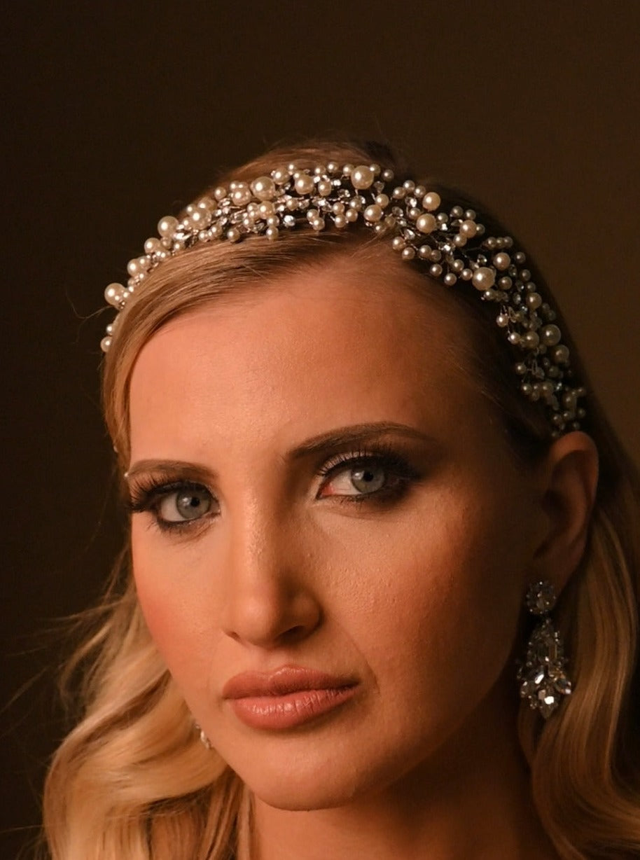 Ellee Bride Adorned with MARIT-PEARLS and Swarovski Stunning Headpiece