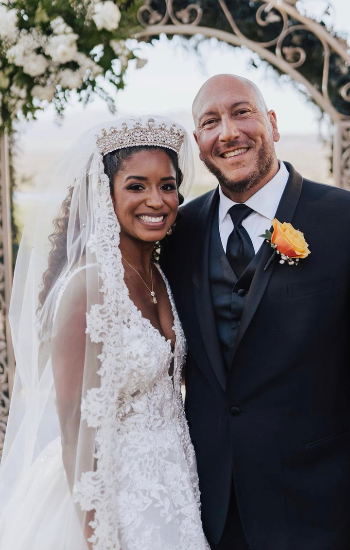 Ellee Real Bride Adorned with CARINA Swarovski & Pearls Wedding Crown, Princess Tiara