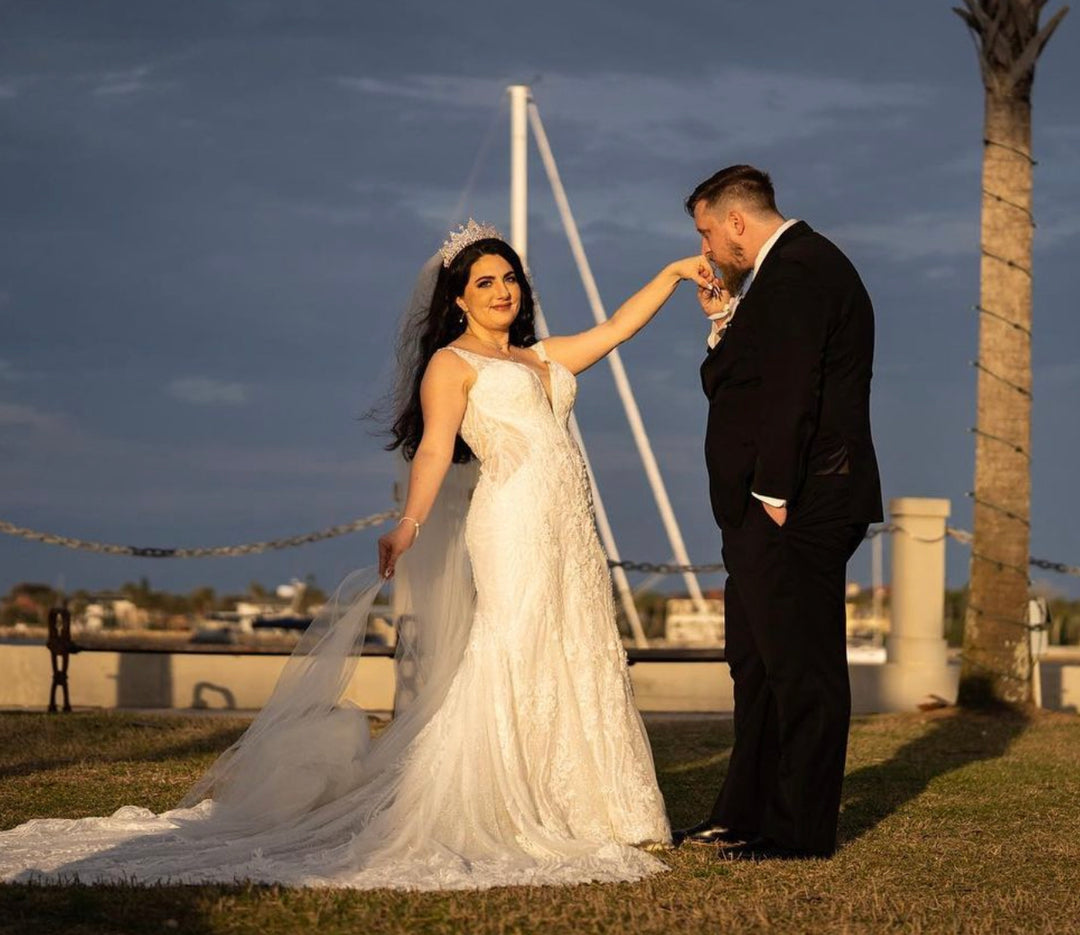 Ellee Real Bride Adorned with BRIGITTE Luxurious Swarovski Wedding Crown with Micro Cubic Zirconia