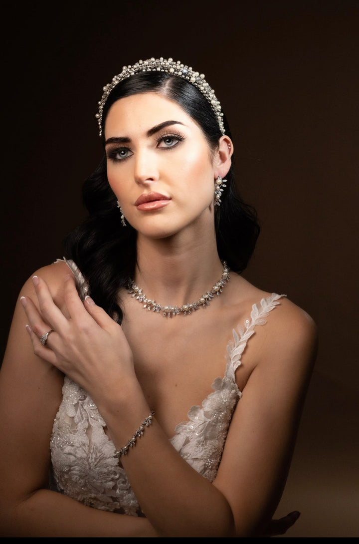 Ellee Bride Adorned with RAINA Luxurious Swarovski and Pearl Headband