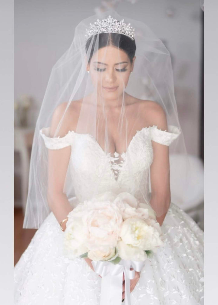 Ellee Real Bride Adorned with RENEE Queen Swarovski Luxurious Bridal Tiara - Stunning 3-D Wedding Tiara