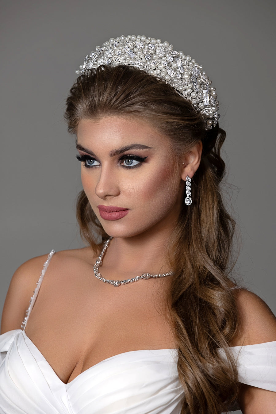 Ellee Real Bride Adorned with ROYAL DAPHNE Wedding Crown with 3D Swarovski Crystals & Pearls.