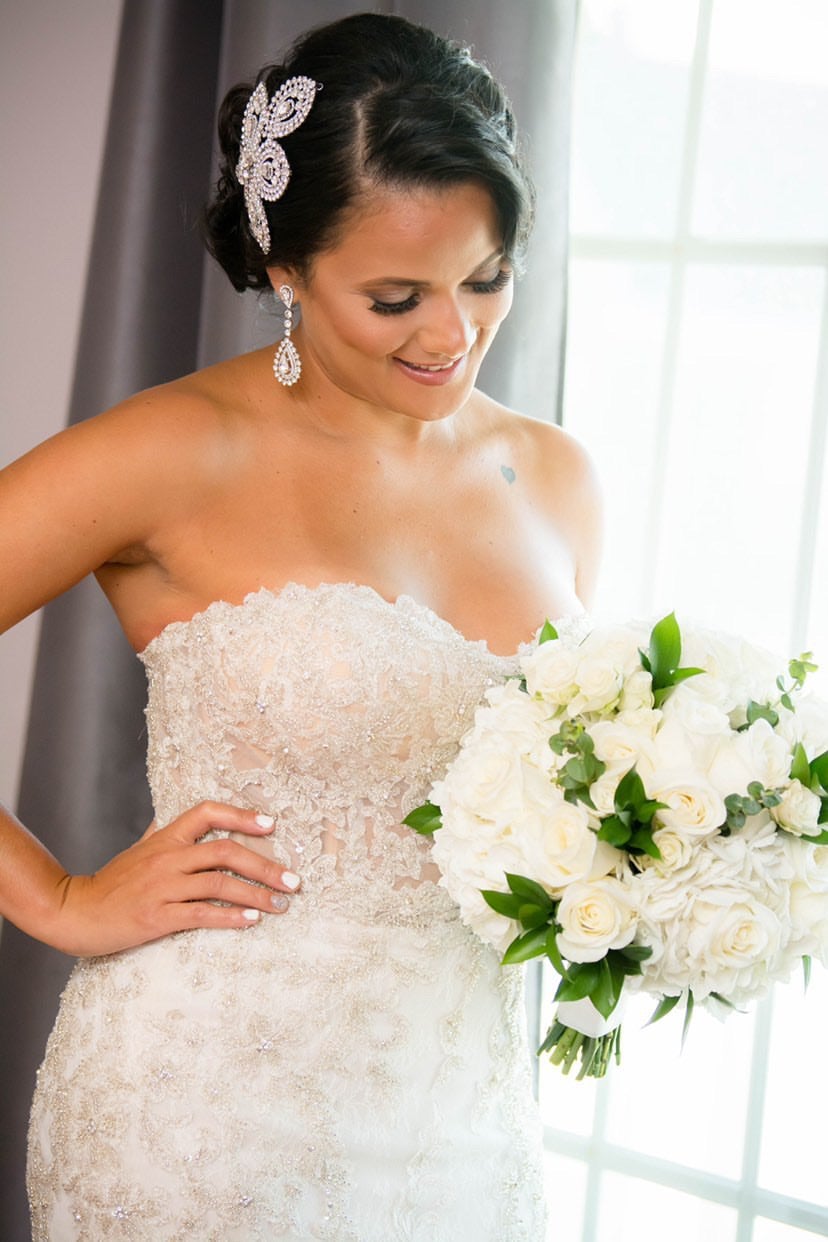 Ellee Real Bride Adorned with SYLVIE Swarovski Bridal Headpiece, Luxurious Wedding Hair Comb