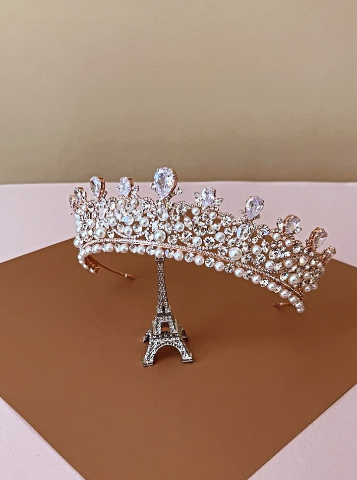 CARINA Rose Gold Swarovski & Pearls Bridal Crown, Wedding Tiara