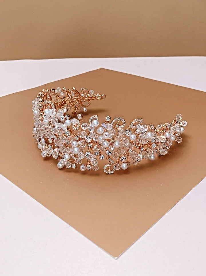 PEARL Rose Gold Wedding Headband, Swarovski & Pearls Headpiece