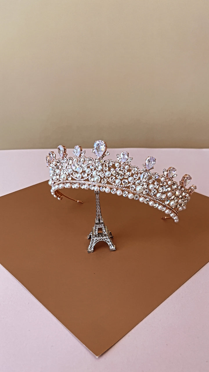 CARINA Rose Gold Swarovski & Pearls Bridal Crown, Wedding Tiara