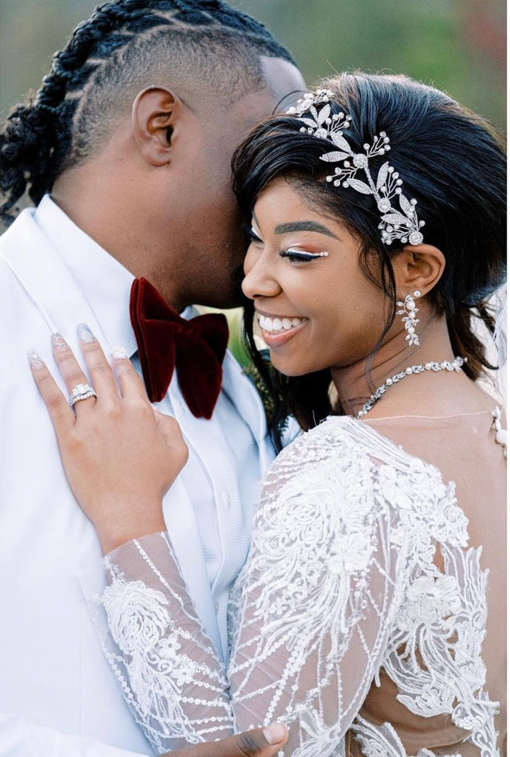 Ellee Real Bride Adorned with OKSANA Swarovski Wedding Headpiece with Stunning Pearls