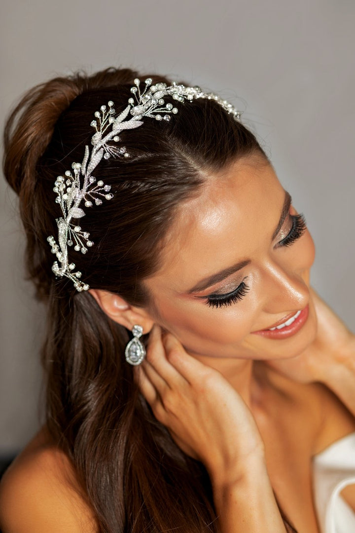 Ellee Real Bride Adorned with OKSANA Swarovski Wedding Headpiece with Stunning Pearls